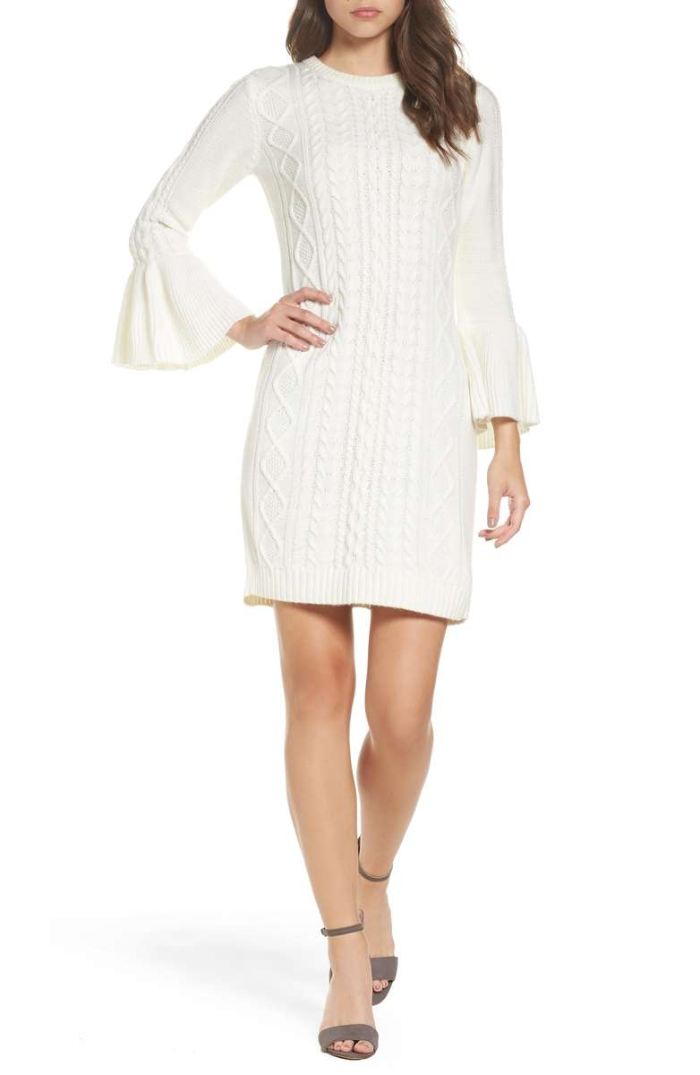 ELIZA J Mixed Cable Sweater Dress Bell Sleeves Ivory sweater dresses fall winter