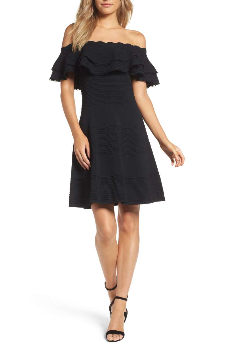 ELIZA J Off the Shoulder Fit & Flare Dress Black little black dresses ruffles holiday party