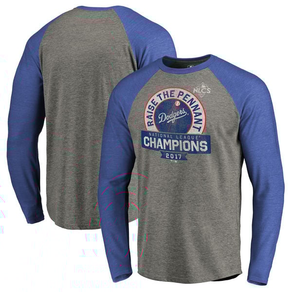 Fanatics Branded Los Angeles Dodgers Heather Gray 2017 National League Champions Fly Ball Long Sleeve Raglan Raise The Pennant T-Shirt nlcs champions los angeles dodgers shirts 