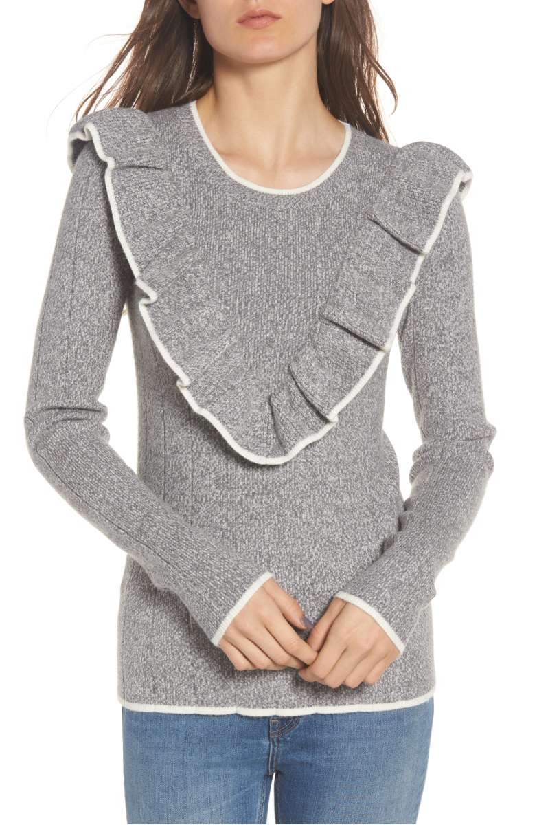 HINGE Ruffle Sweater Grey Dark Heather Combo fall winter