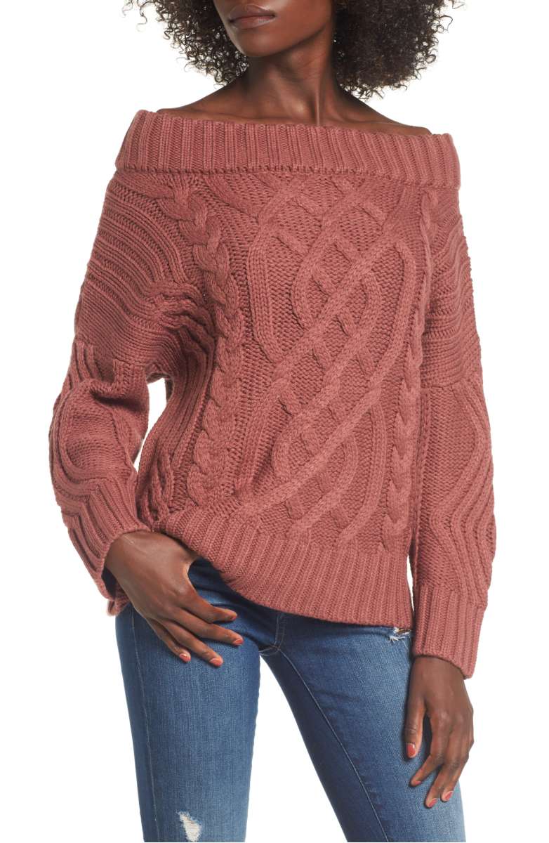  J.O.A. Off the Shoulder Sweater Mauve cable knit off the shoulder sweaters fall 2017