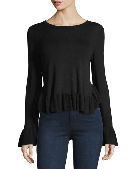 Joie Iona Crewneck Trumpet-Sleeve Sweater Black ruffle sweaters fall winter