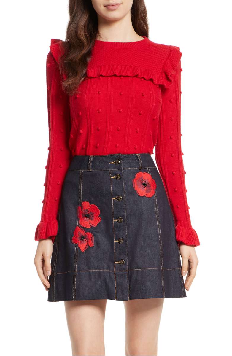 KATE SPADE NEW YORK ruffle yoke sweater charm red ruffle sweaters fall 2017
