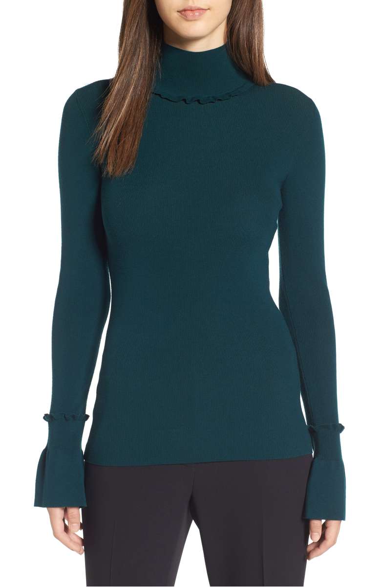 LEWIT Ruffle Detail Pullover Green Ponderosa ruffle sweaters fall winter