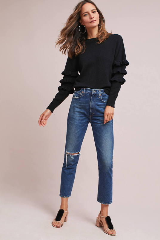 Line & Dot Tiered Ruffles Pullover Black