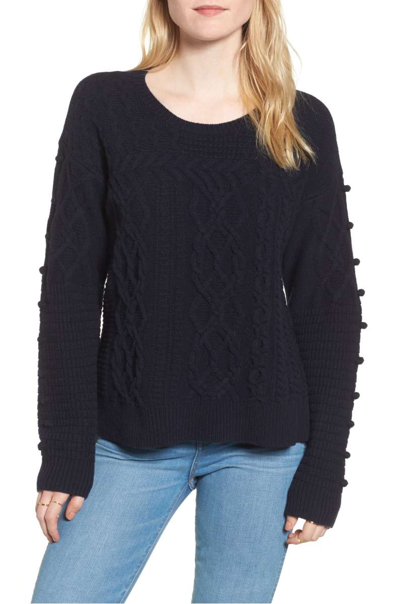 MADEWELL Open Side Bobble Pullover Sweater Navy Blue cable knit sweaters under 100 dollars fall winter 