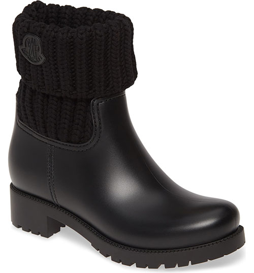 MONCLER Ginette Knit Cuff Leather Rain Boot Black boots women
