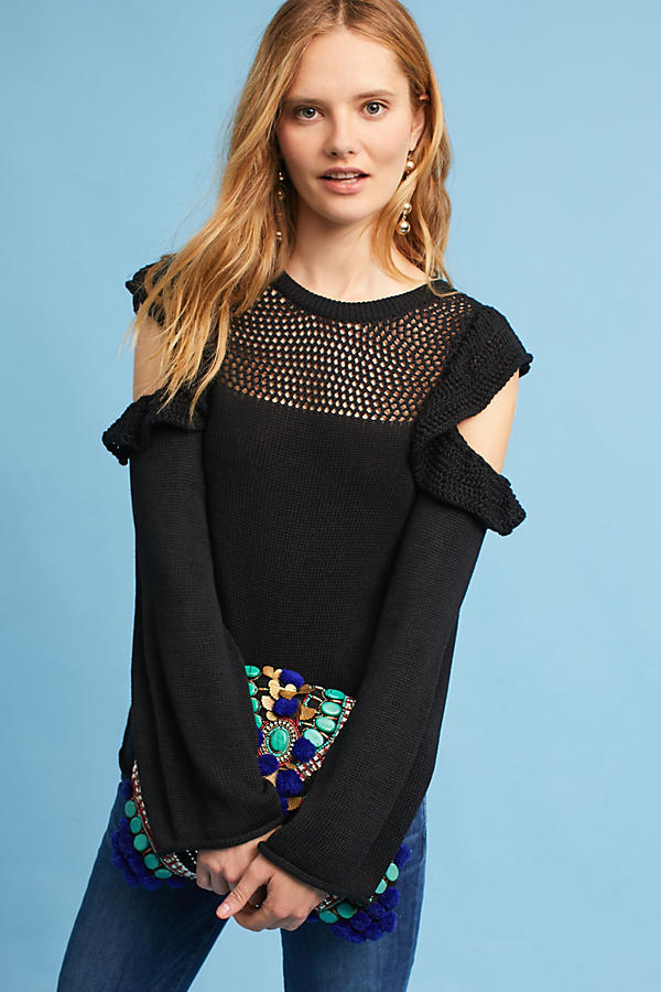 Maeve Ruffled Open-Shoulder Pullover Black ruffle sweaters fall winter