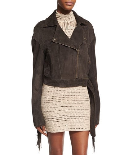 Magda Butrym Lincoln Embroidered Suede Biker Jacket with Fringe, Brown suede moto jackets fall 2017