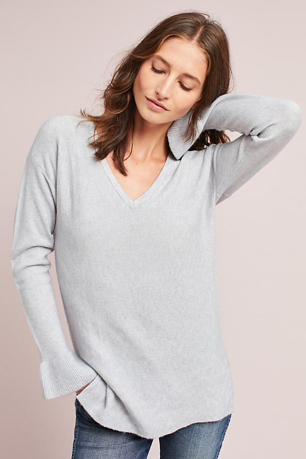 Michael Stars Ruffled-Cuff V-Neck Pullover Grey ruffle sweaters fall winter 