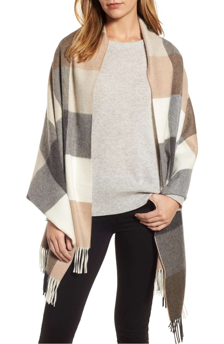NORDSTROM SIGNATURE Nordstrom Buffalo Check Cashmere Wrap Beige Black Combo buffalo check scarves fall winter