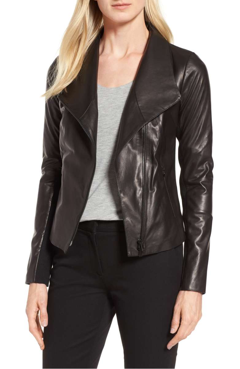 NORDSTROM SIGNATURE Stand Collar Leather Jacket Black leather moto jackets fall 2017