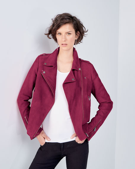 Neiman Marcus Leather Collection Zip-Front Suede Moto Jacket Berry Pink suede moto jackets fall 2017
