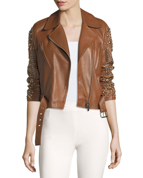 Nour Hammour Studded Leather Moto Jacket Camel 