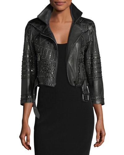 Nour Hammour Vendome Cropped 3/4-Sleeve Studded Leather Moto Jacket Black Pattern fall 2017