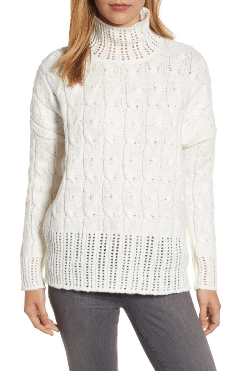 PRESS Pointelle Turtleneck Sweater Cream cable knit sweaters under $100 dollars