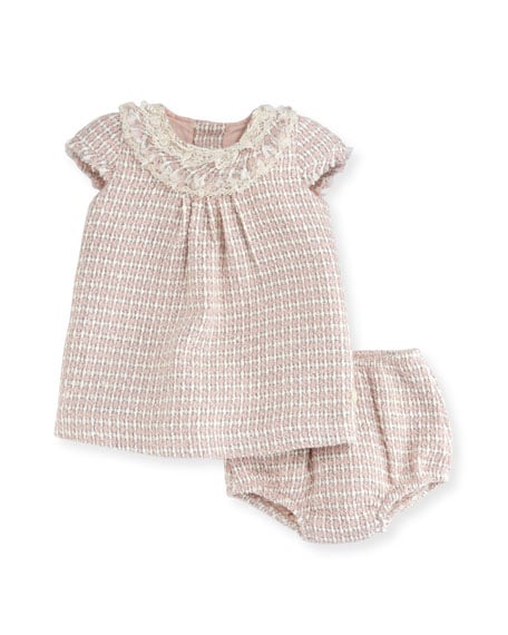 Pili Carrera Tweed Short-Sleeve Dress w/ Bloomers, Size 6M-2T Pink White thanksgiving dresses for baby girls