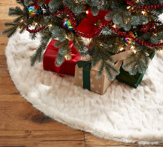 Pottery Barn FAUX FUR TREE SKIRT - GREIGE MINI RUCHED christmas tree skirt friends and family sale