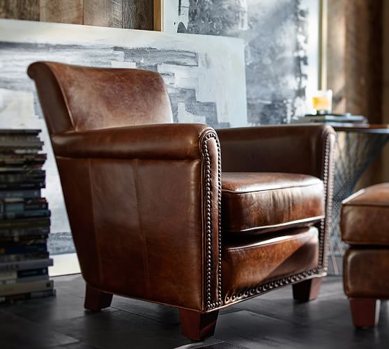 Pottery Barn IRVING LEATHER ARMCHAIR WITH NAILHEADS Statesville Molasses pottery barn 20 percent sale