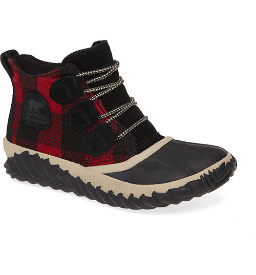 SOREL Out N About Plus Waterproof Bootie Black Leather red black buffalo check plaid
