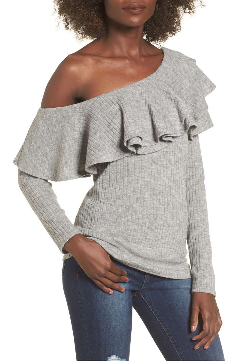 STOREE Ruffle One-Shoulder Sweater Heather Grey ruffle sweaters fall winter