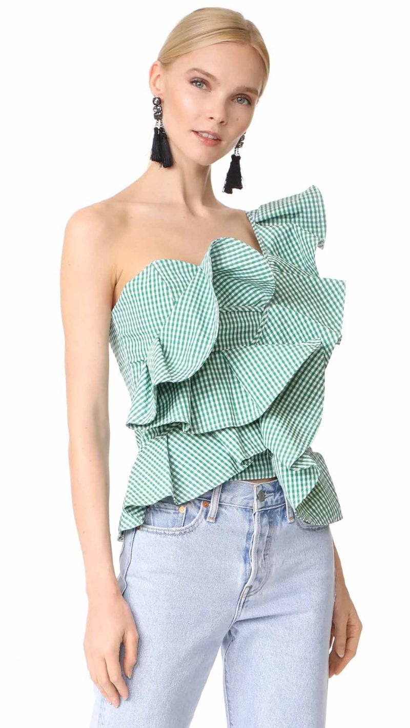 STYLEKEEPERS She's All That One Shoulder Ruffle Top Checked Green Gingham Check shopbop fall sale