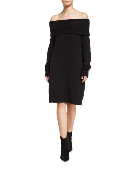 T by Alexander Wang Long-Sleeve Knit Off-the-Shoulder Shift Dress, Black sweater dresses fall winter