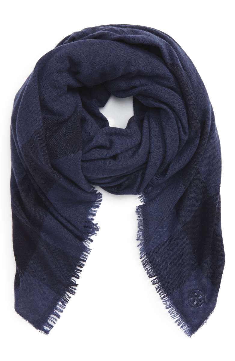 TORY BURCH Check Wool and Cashmere Scarf Tory Navy Buffalo check scarves fall winter