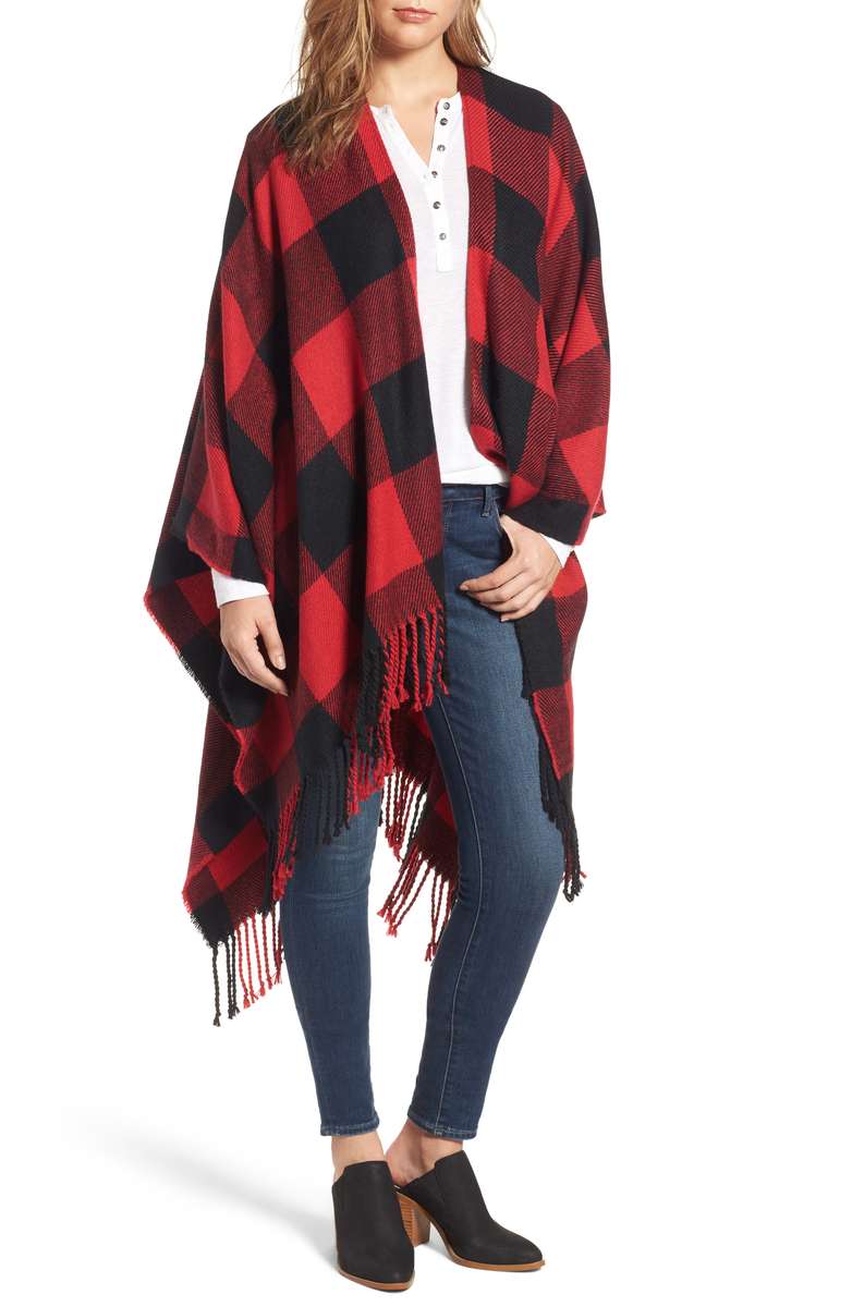 TREASURE & BOND Woven Buffalo Check Ruana Red Black Combo buffalo check scarves