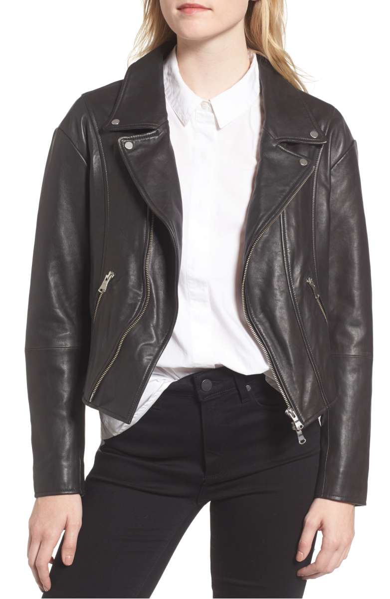 TROUVÉ Off the Shoulder Leather Moto Jacket Black fall 2017