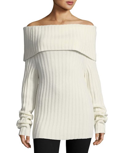 Theory Off-the-Shoulder Fold-Over Cashmere Sweater White off the shoulder sweaters fall winter