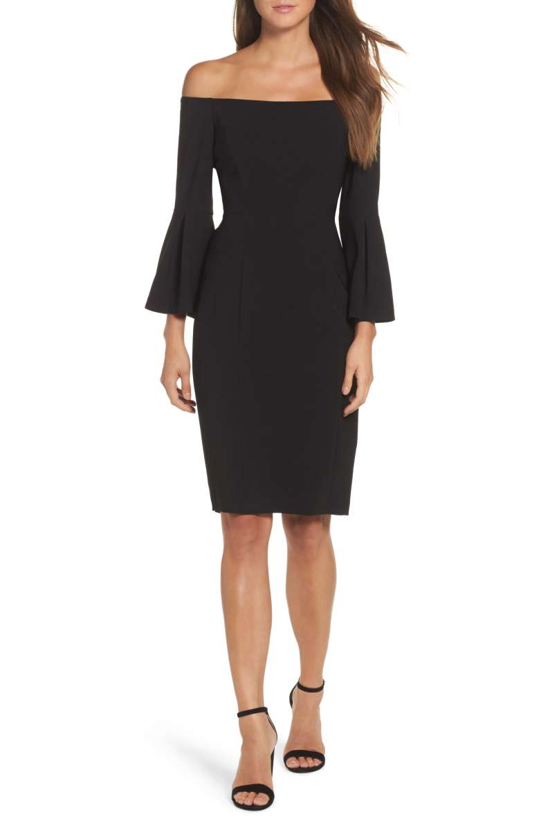 VINCE CAMUTO Off the Shoulder Bell Sleeve Sheath Dress Black little black dresses holiday party
