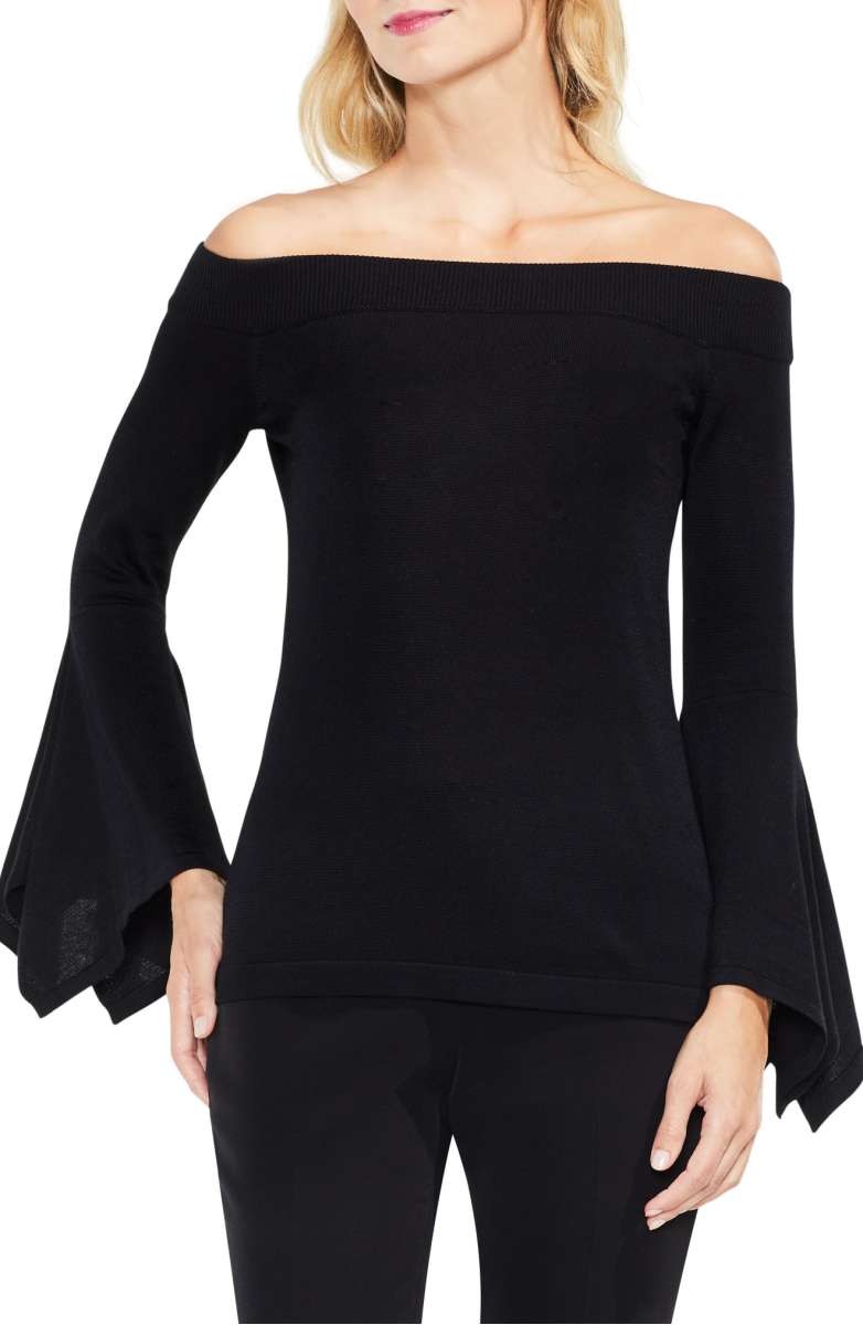 VINCE CAMUTO Off the Shoulder Handkerchief Bell Sleeve Sweater Rich Black off the shoulder sweaters fall 2017