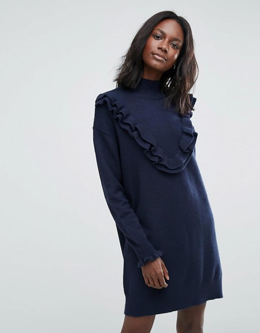 Vero Moda Sweater Dress With Ruffle Detail Navy Blazer sweater dresses fall winter