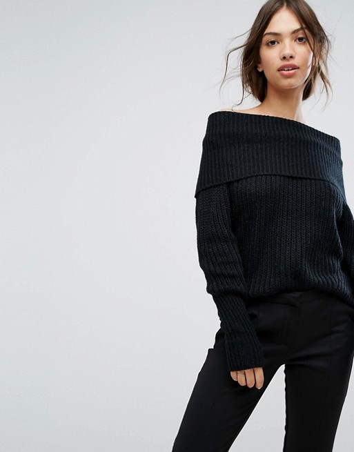 Vila Off The Shoulder Ribbed Sweater Black off the shoulder sweaters 