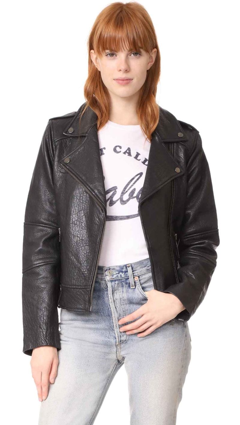 cupcakes and cashmere Dalrie Textured Moto Jacket Black leather moto jackets fall 2017