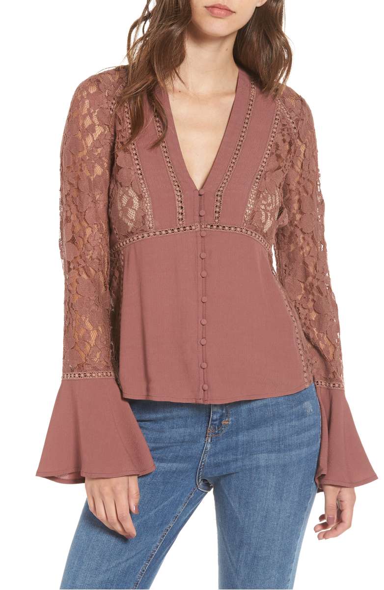 ASTR THE LABEL Hallie Lace Blouse Dark Mauve lace bell sleeve tops holiday party