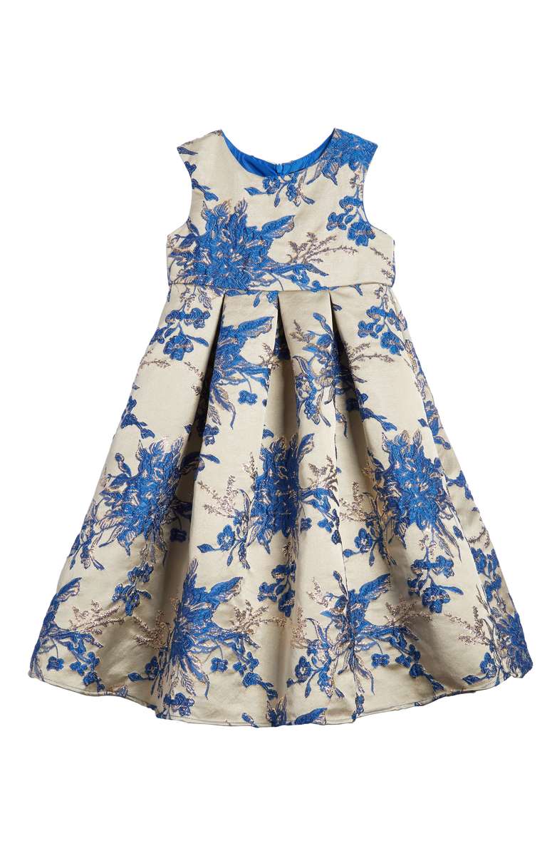 AVA & YELLY Floral Embroidered Babydoll Dress Gold Blue thanksgiving dresses for little girls