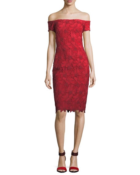 Black Halo Bethel Off-the-Shoulder Embroidered Lace Cocktail Sheath Dress Red lace off the shoulder dresses holiday party