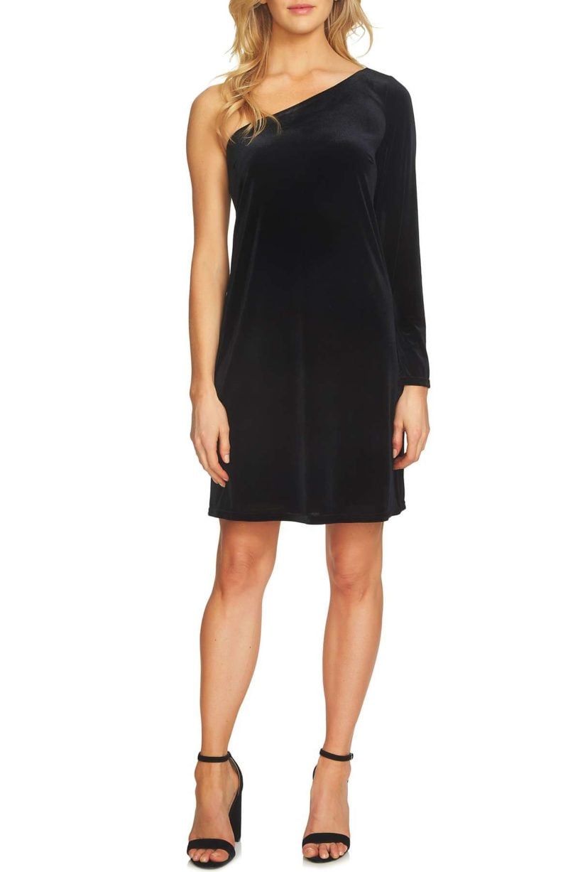 CeCe One-Shoulder Velvet Shift Dress Rich Black holiday party dresses under 100 dollars nordstrom black friday sale