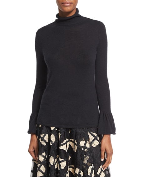 Co Cashmere Turtleneck Sweater with Bell Cuffs, Black bell sleeve turtlenecks
