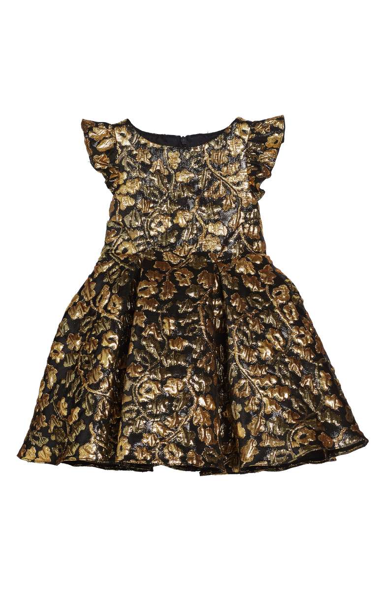 DAVID CHARLES Flutter Sleeve Brocade Dress Toddler & Little Girl Black Gold thanksgiving dresses for little girls