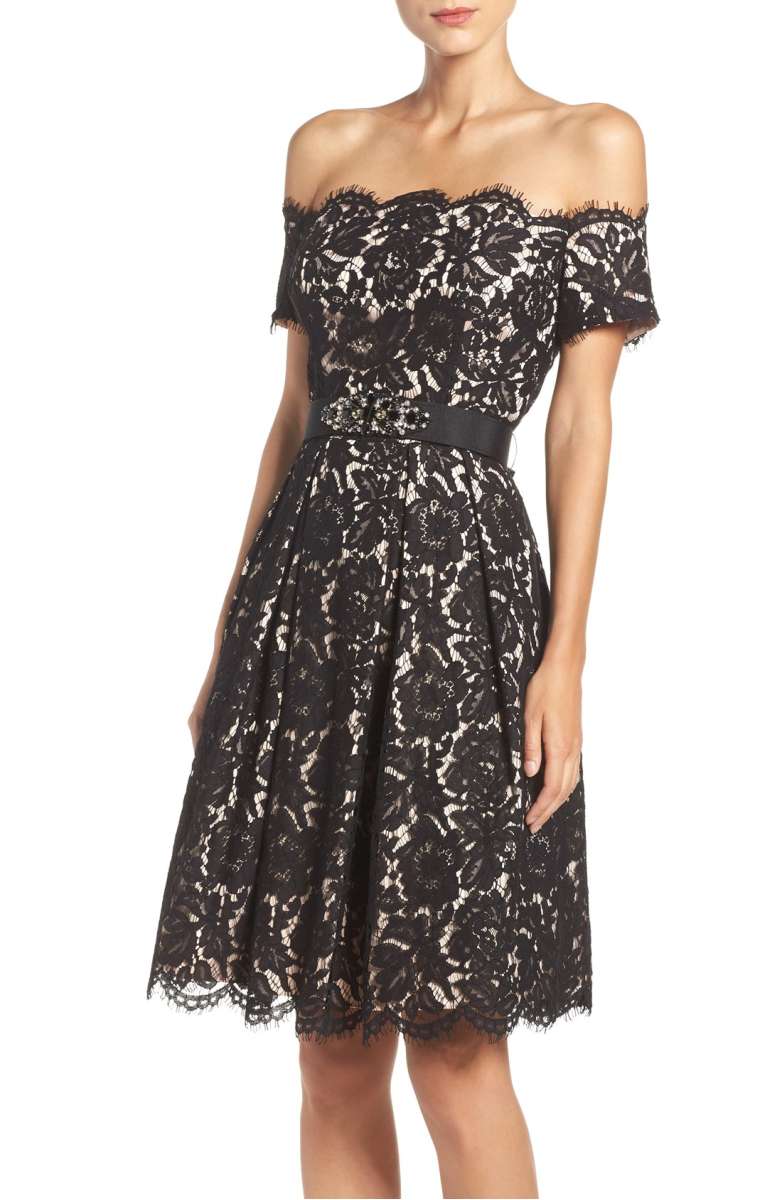 ELIZA J Embellished Lace Fit & Flare Dress Black Tan lace off the shoulder dresses holiday party winter wedding guests