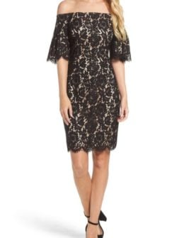 Eliza J Flounce Sleeve Off the Shoulder Lace Sheath Dress Black holiday party dresses under 100 dollars nordstrom black friday sale
