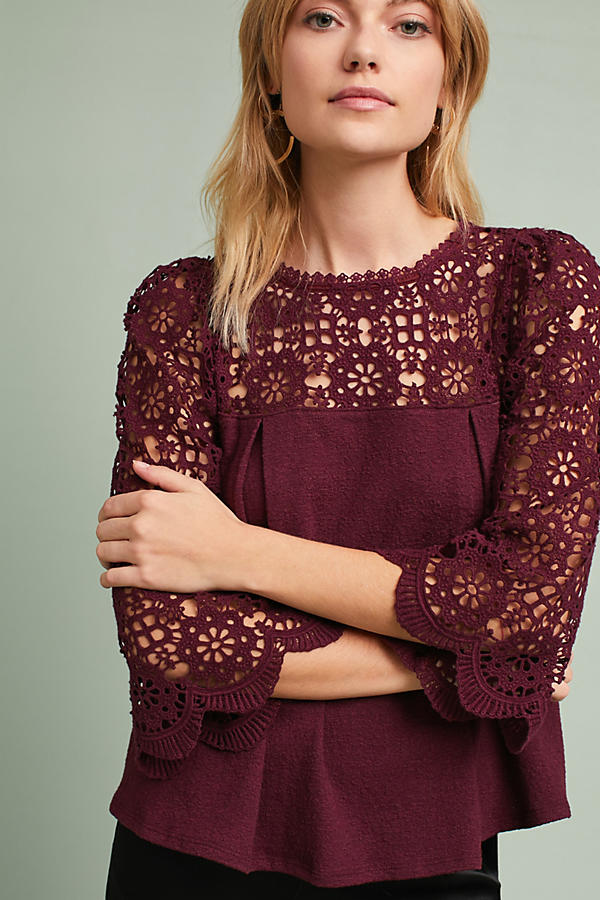 Eri + Ali Marigold Lace Top Plum lace bell sleeve tops holiday party