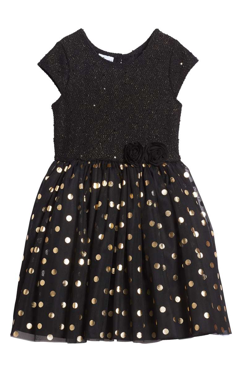 FRAIS Metallic Dot Dress Black Gold Toddler, Little Girl & Big Girl thanksgiving dresses toddler girls 