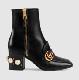 Gucci Leather mid-heel ankle boot black leather embellished pearl boots