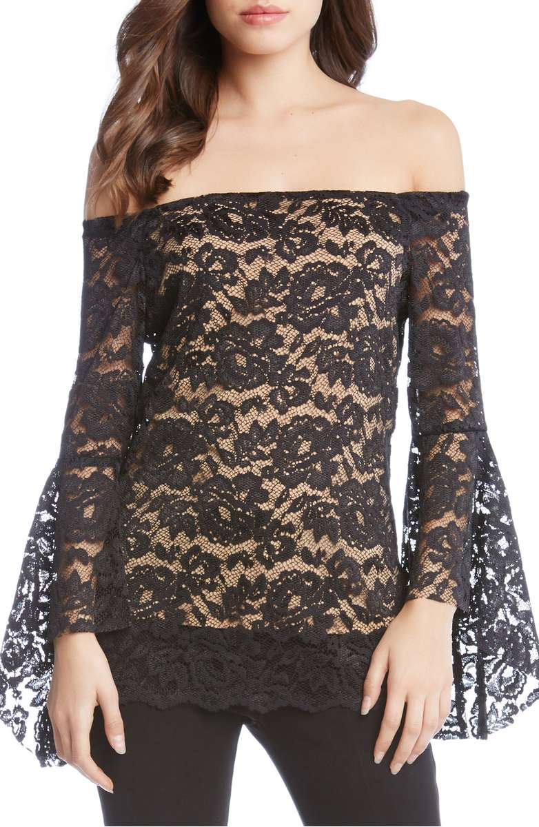 KAREN KANE Off the Shoulder Bell Sleeve Blouse Black lace bell sleeve tops holiday party