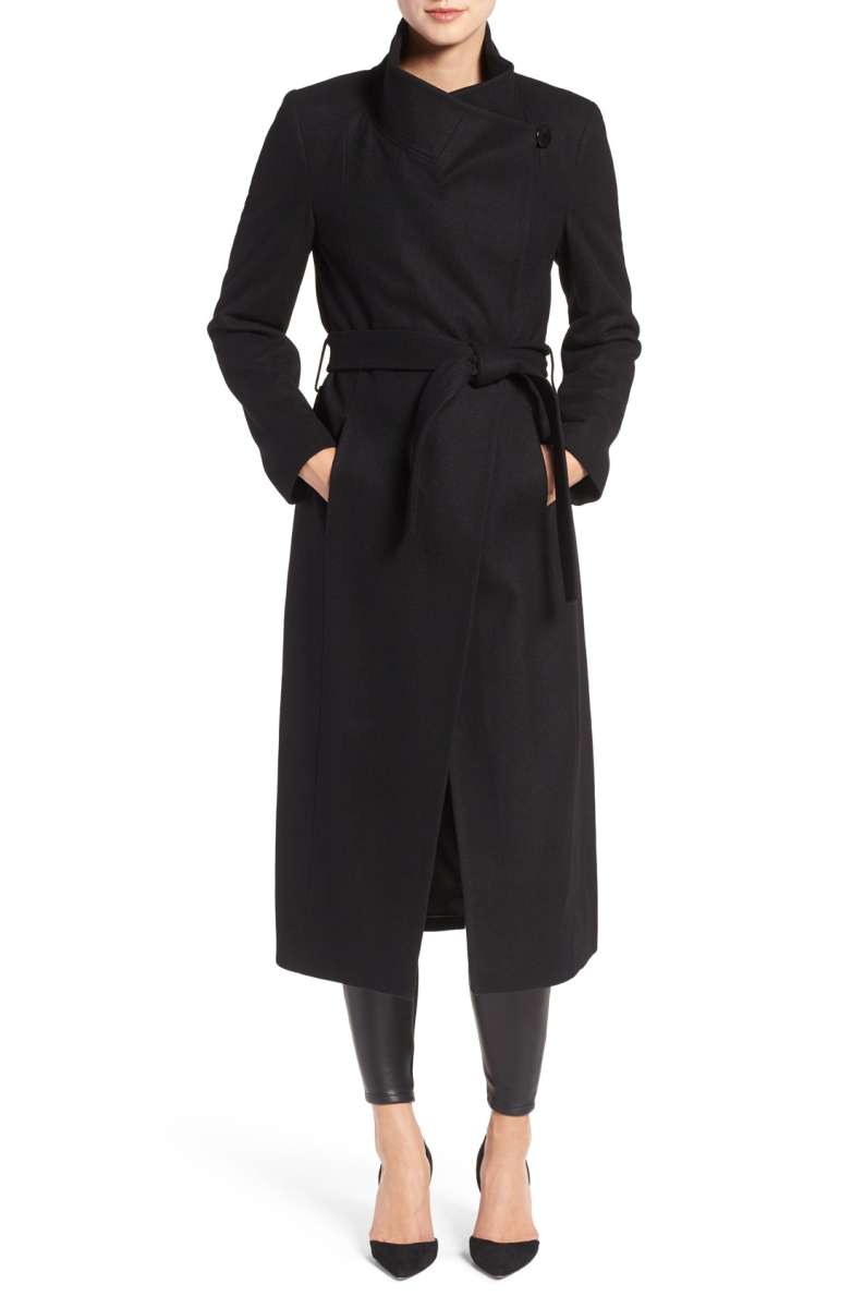 KENNETH COLE NEW YORK Wool Blend Maxi Wrap Coat Black wrap coats winter holiday 