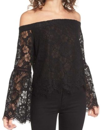 LOST AND WANDER Lost + Wander Gabrielle Off the Shoulder Lace Top Black lace bell sleeve tops holiday party